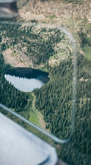 aircraft window view photography of body of water surround bed forest trees during daytime thumbnail