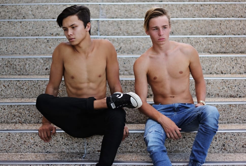 2 person shirtless sitting on steps free image - Peakpx