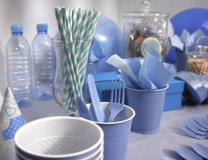 2 plastic bottles cups and spoon and fork thumbnail
