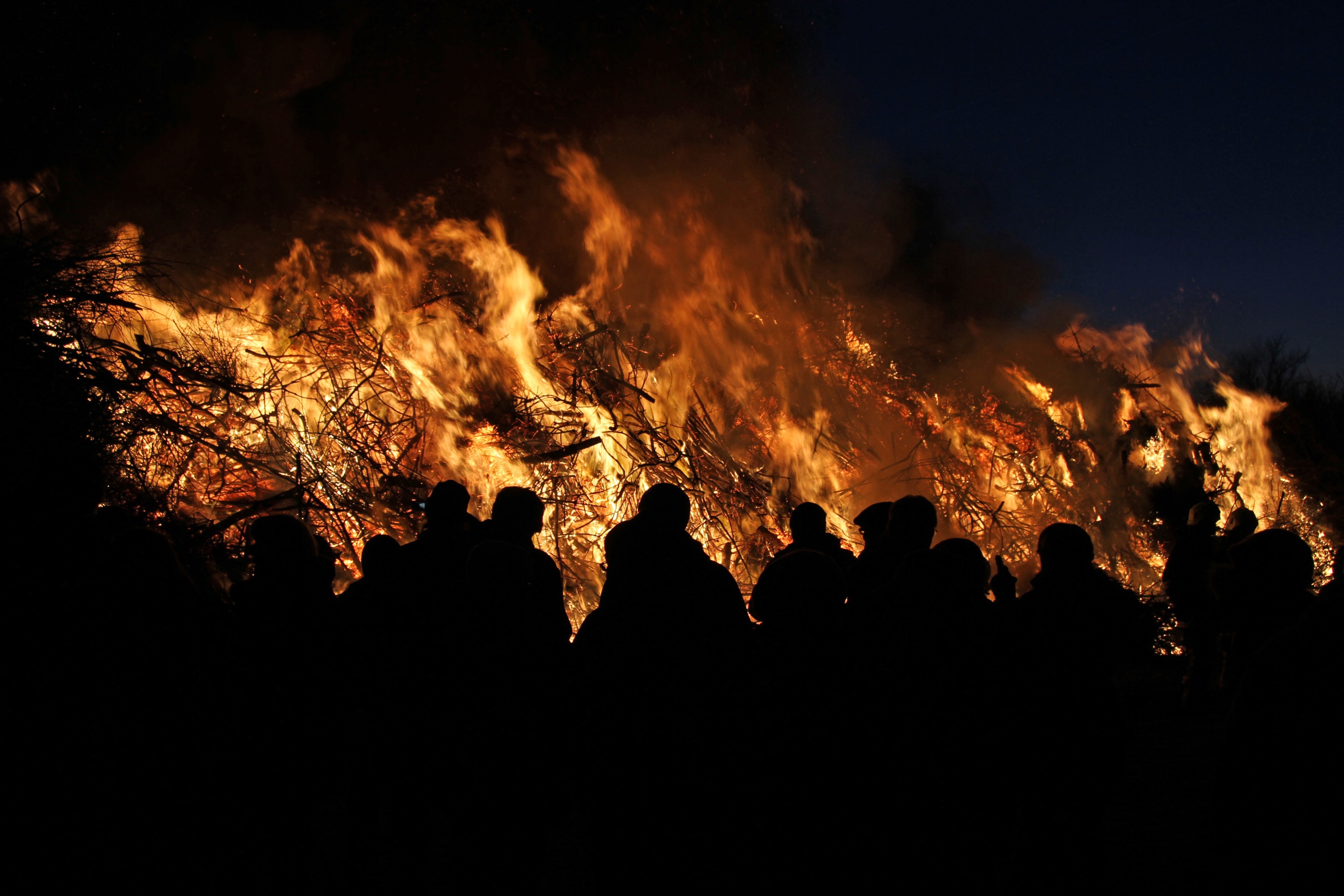 silhouette photo of people near a flame