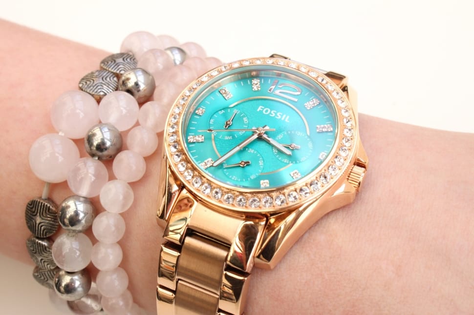 women's gold plated blue face fossil chronograph watch and bracelet preview