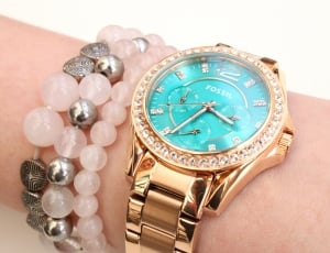 women's gold plated blue face fossil chronograph watch and bracelet thumbnail