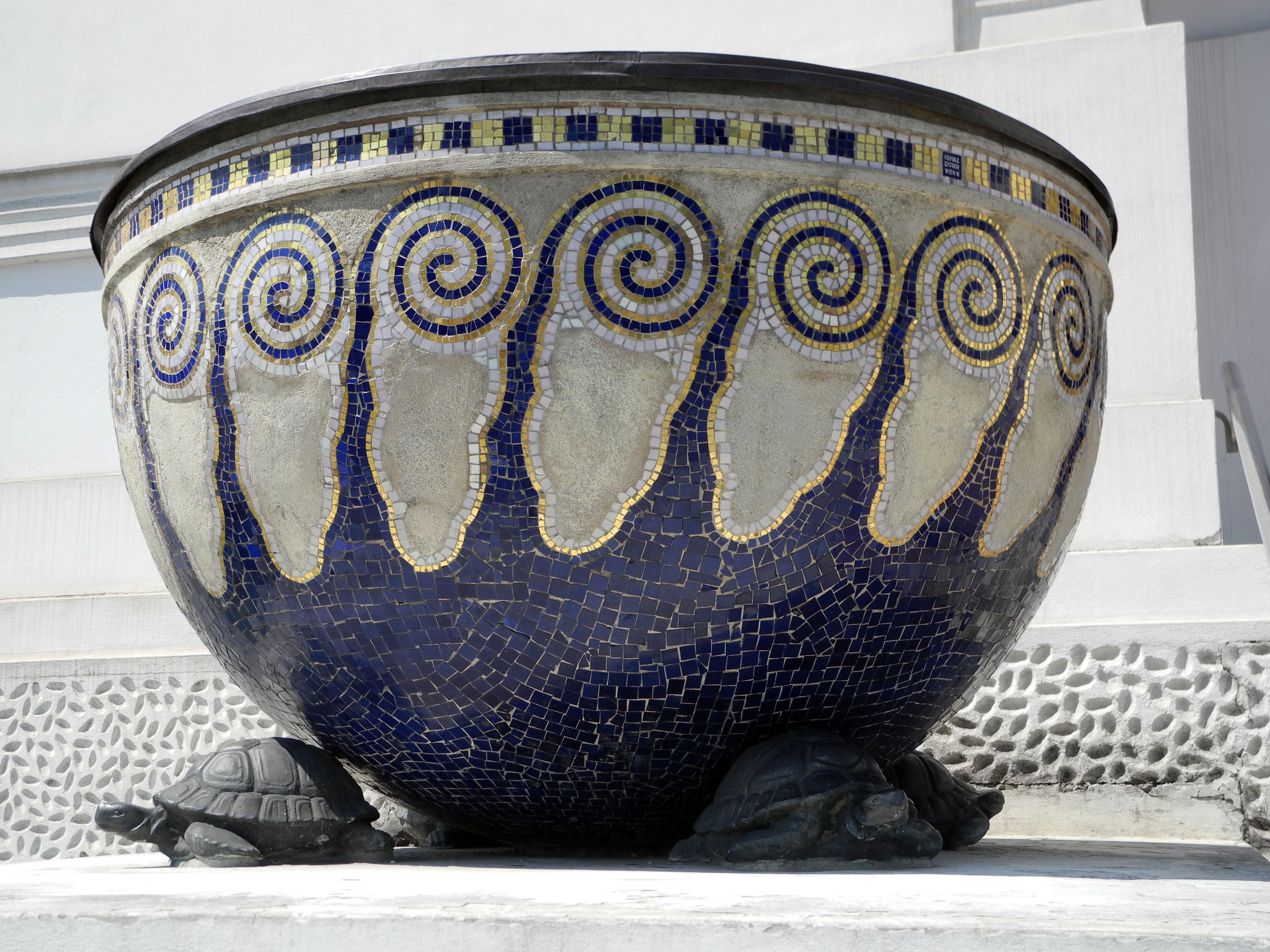 blue and brown shattered tile round vase