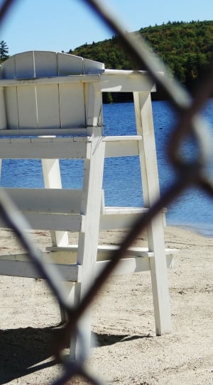 Chair, Lifeguard, Stand, Beach, Lake, chainlink fence, focus on background thumbnail