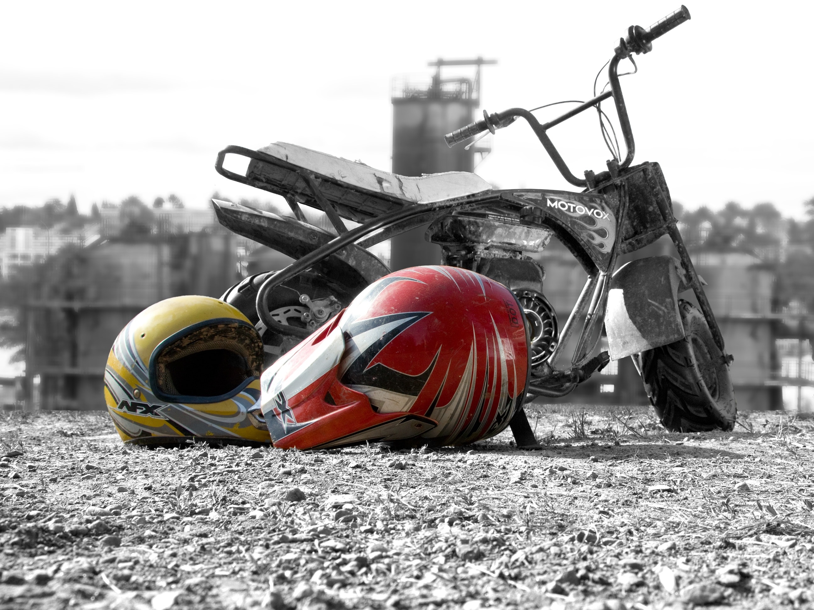 2 motocross helmets and minibike