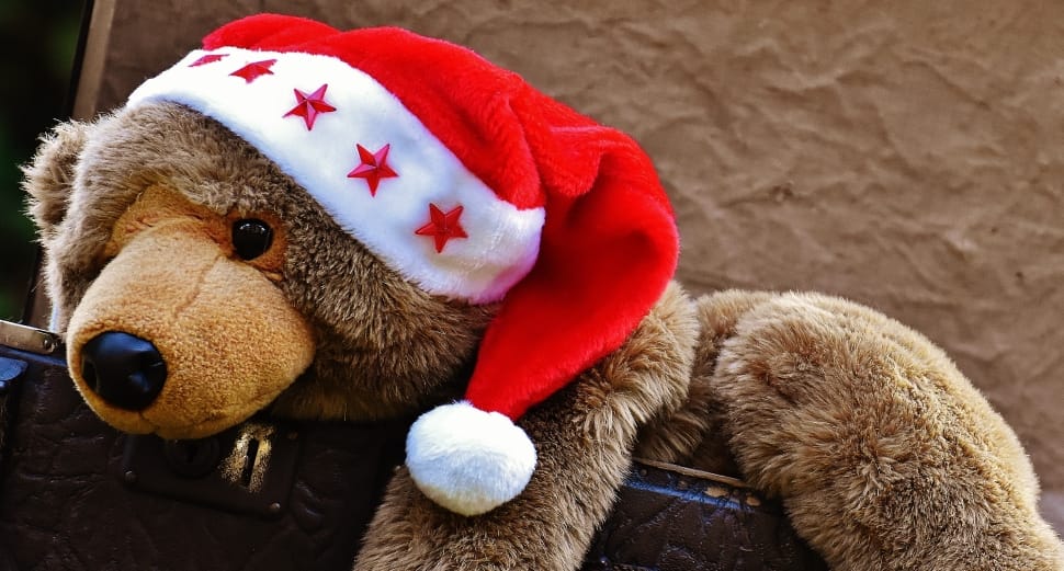 brown teddy bear plush toy with red and white santa claus hat preview