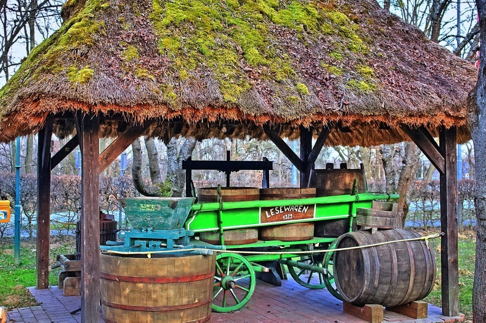 green carriage with wooden barrels preview