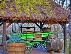 green carriage with wooden barrels thumbnail