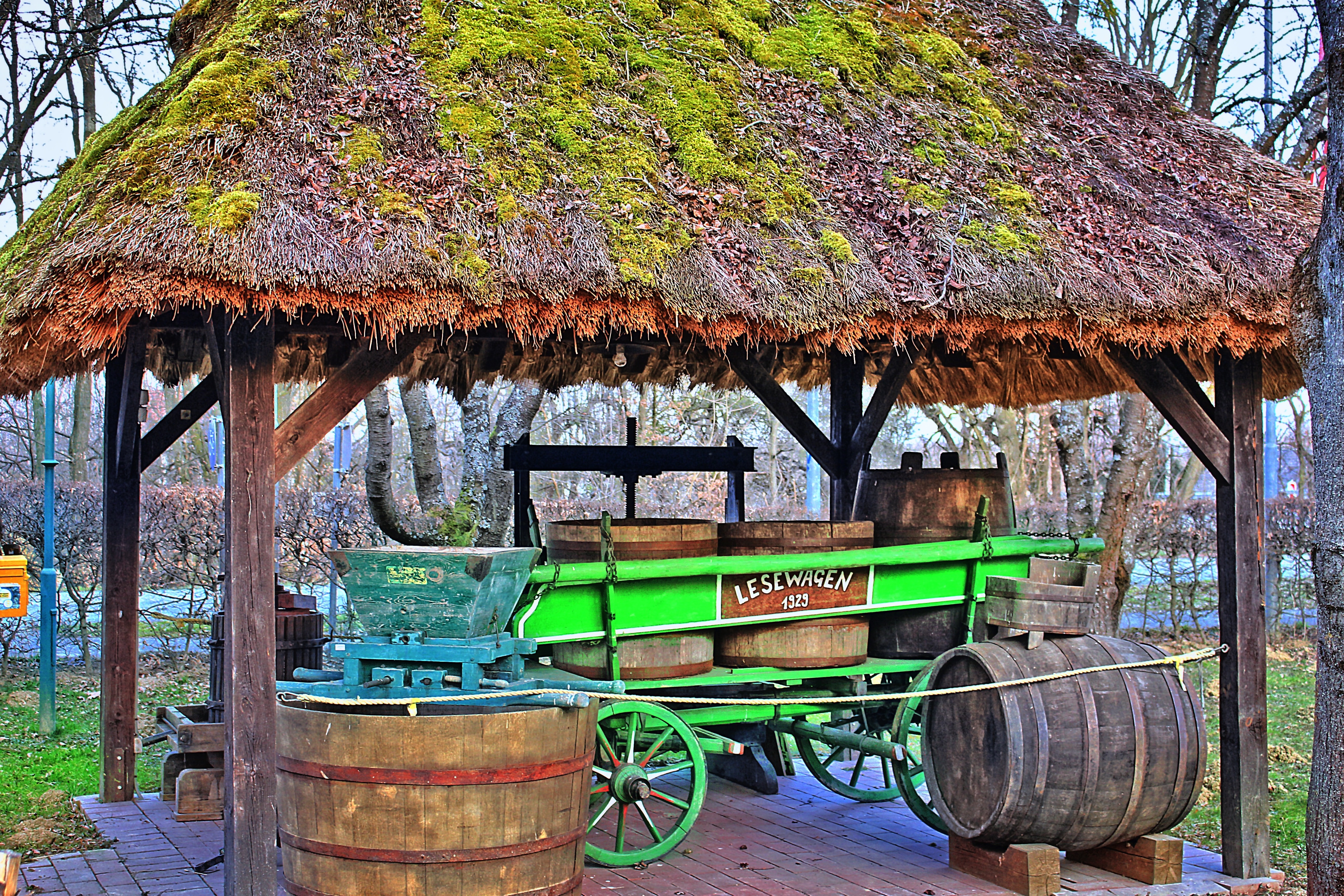 green carriage with wooden barrels