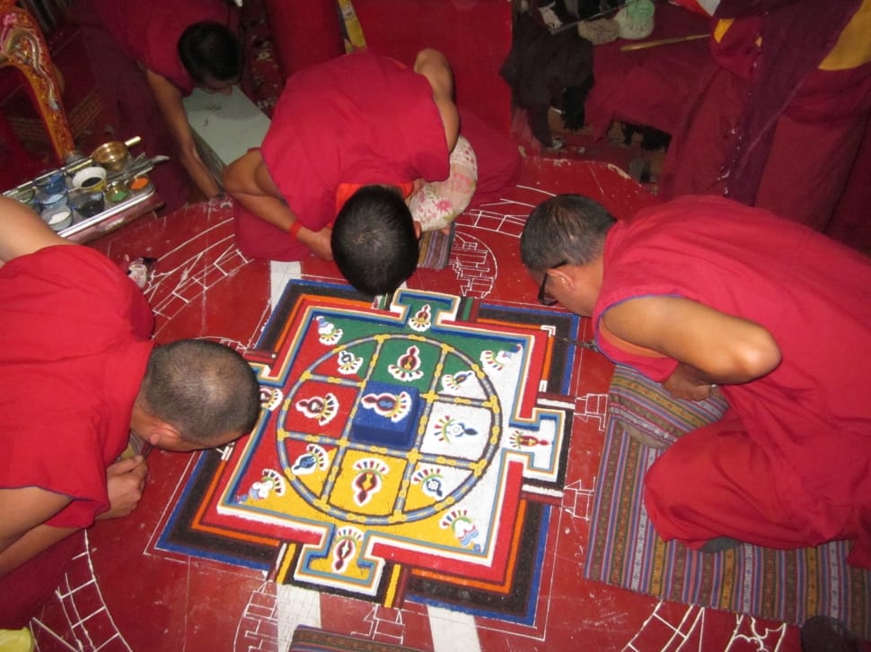 Mandala Preparation, Spituk Monastery, red, high angle view preview