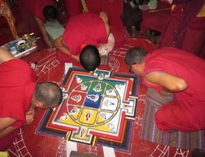 Mandala Preparation, Spituk Monastery, red, high angle view thumbnail