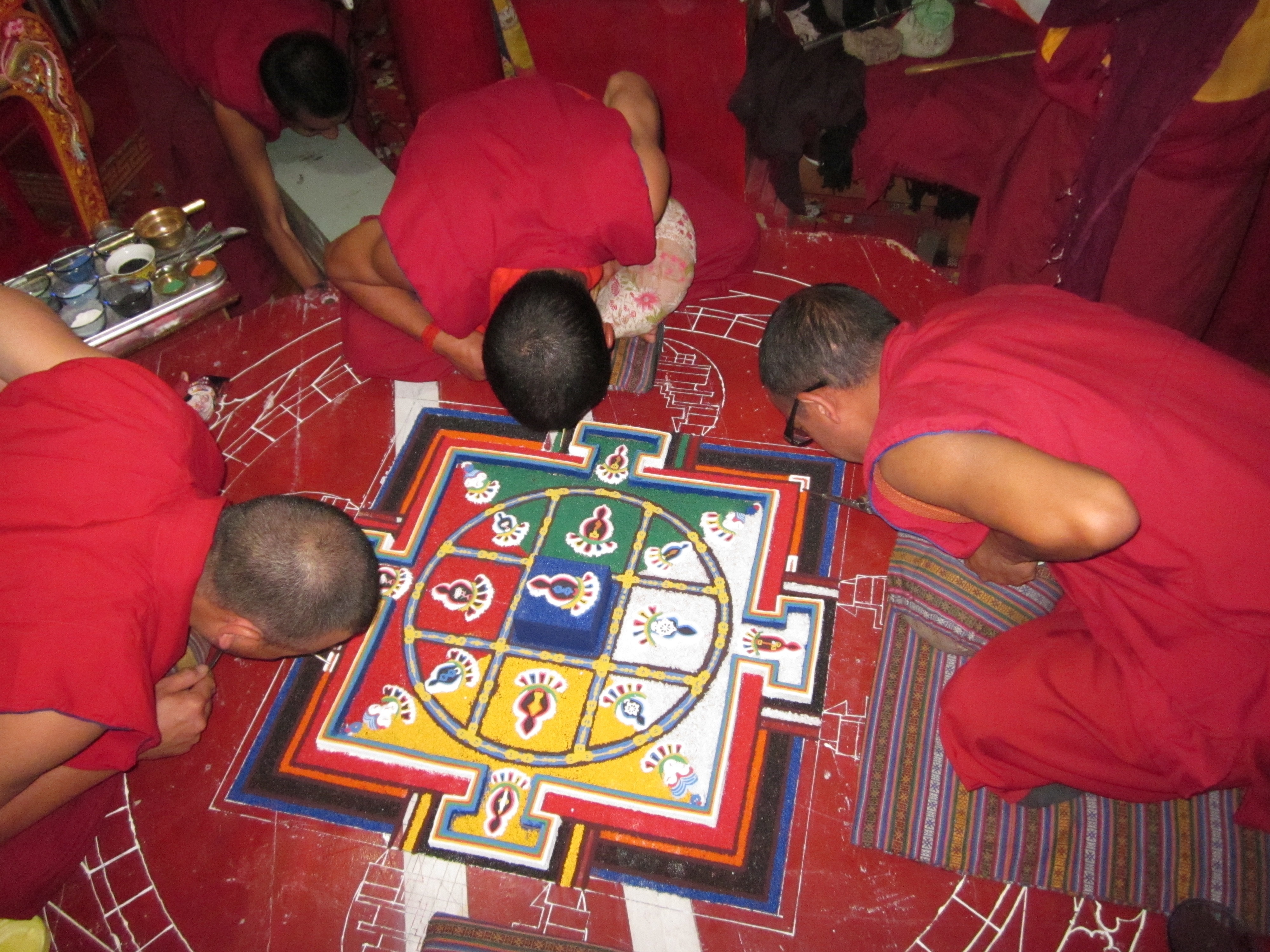 Mandala Preparation, Spituk Monastery, red, high angle view