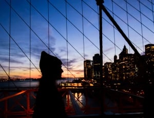 silhouette of woman standing facing city escape during night thumbnail