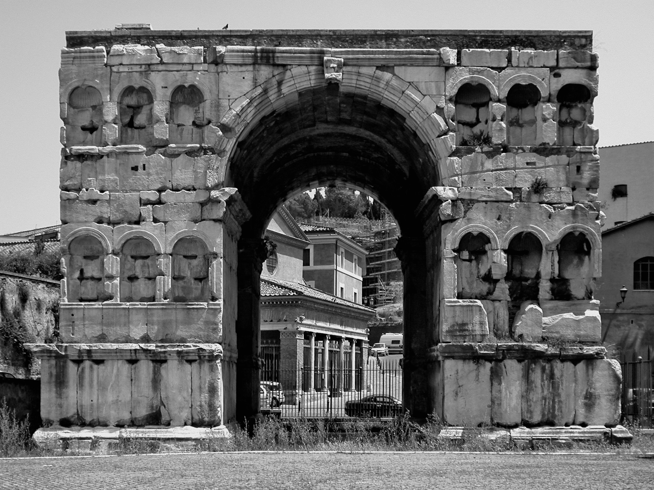 grayscale photo of arch gate