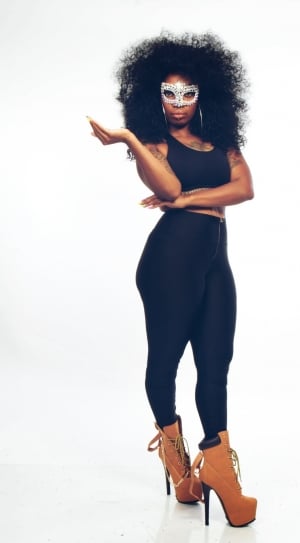 women's black crop top black leggings brown and black platform stiletto workboots outfit thumbnail