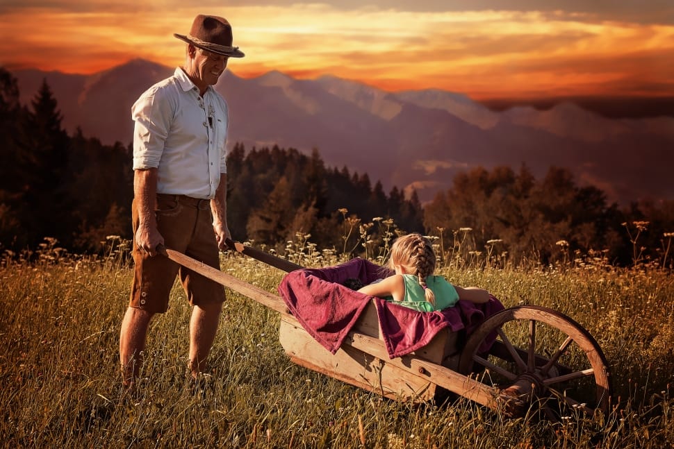 girl riding on brown wooden wheelbarrow carrying by man during sunset preview