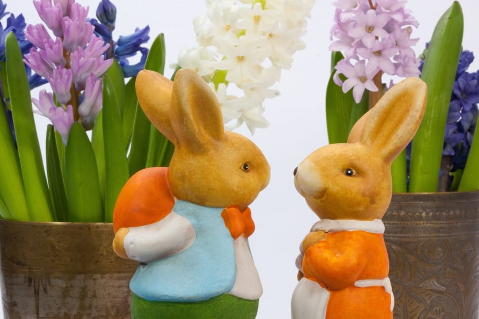 brown orange and teal 2 rabbit figurines preview