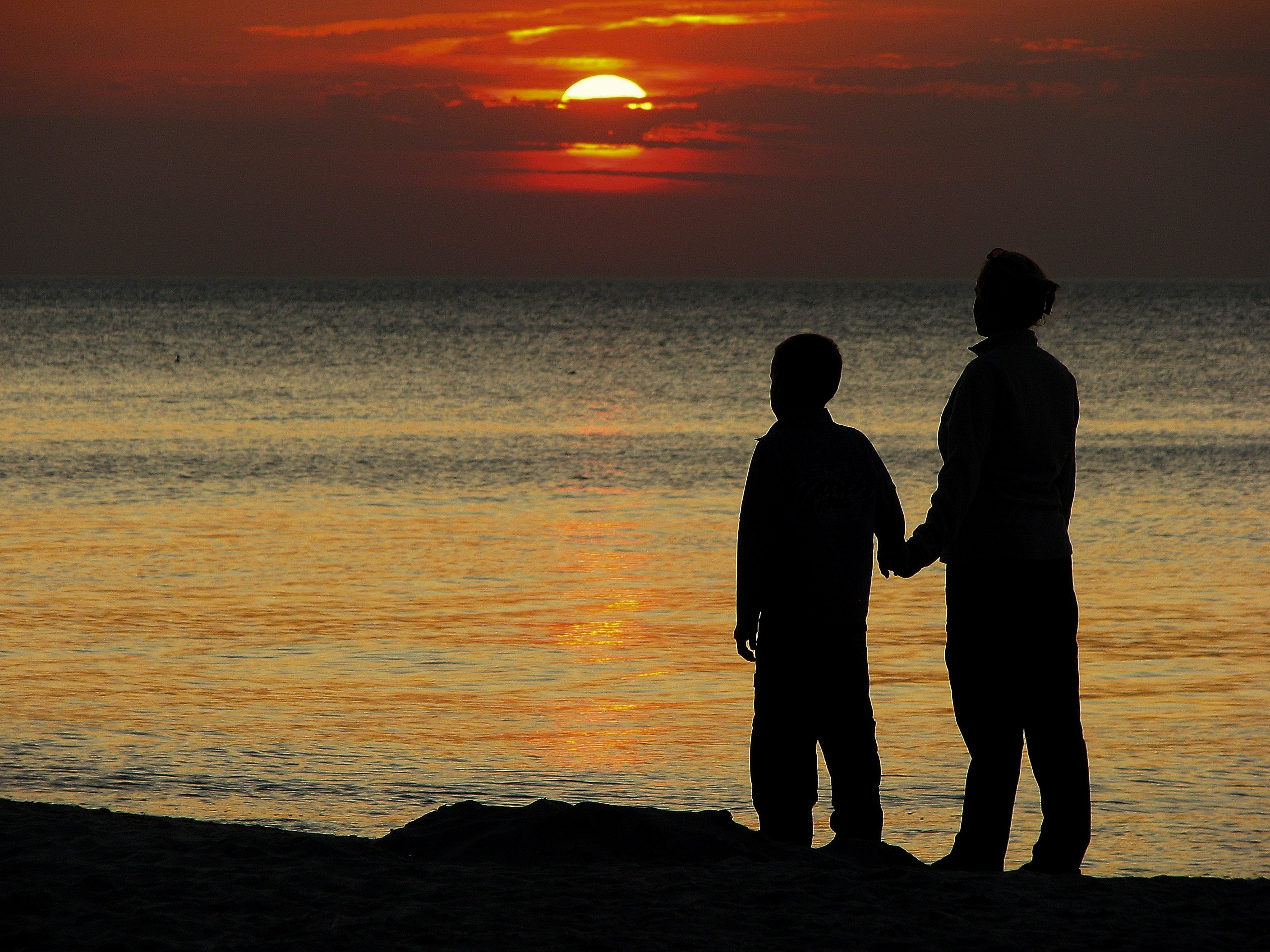 father and son watching the sun set