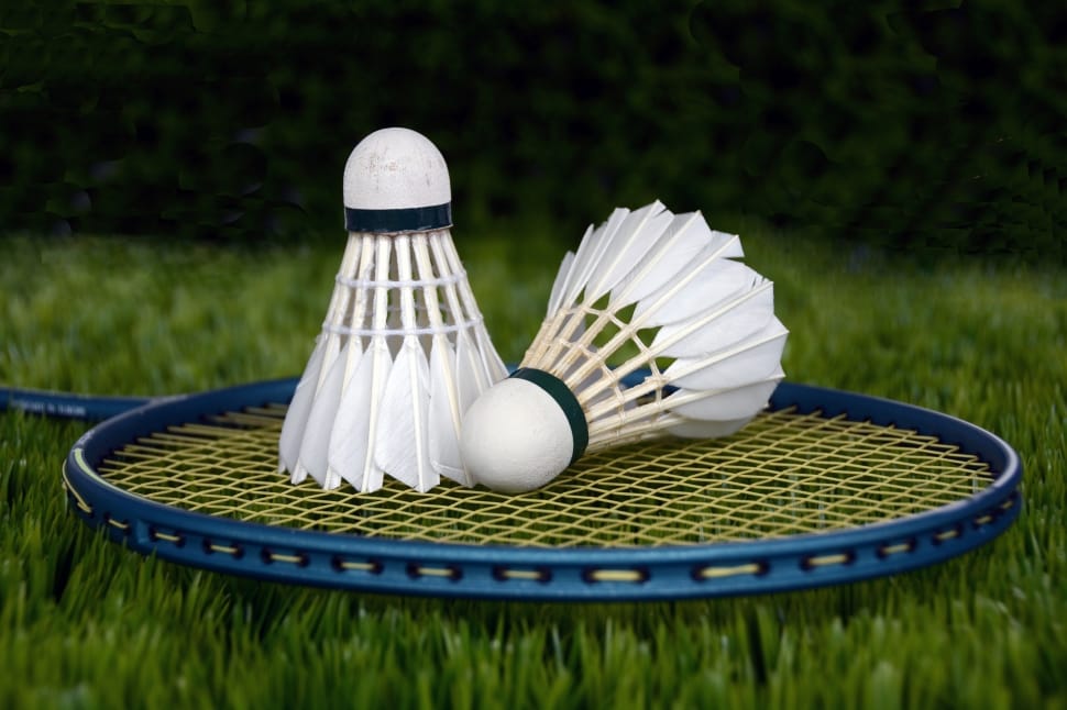two white badminton ball on blue tennis racket preview