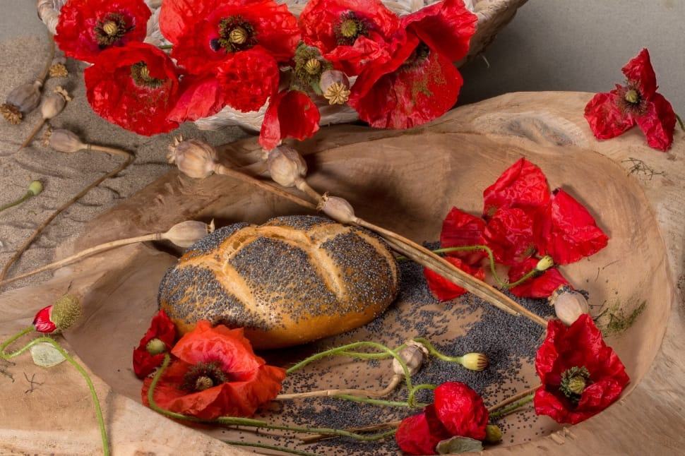 bread and red flowers preview