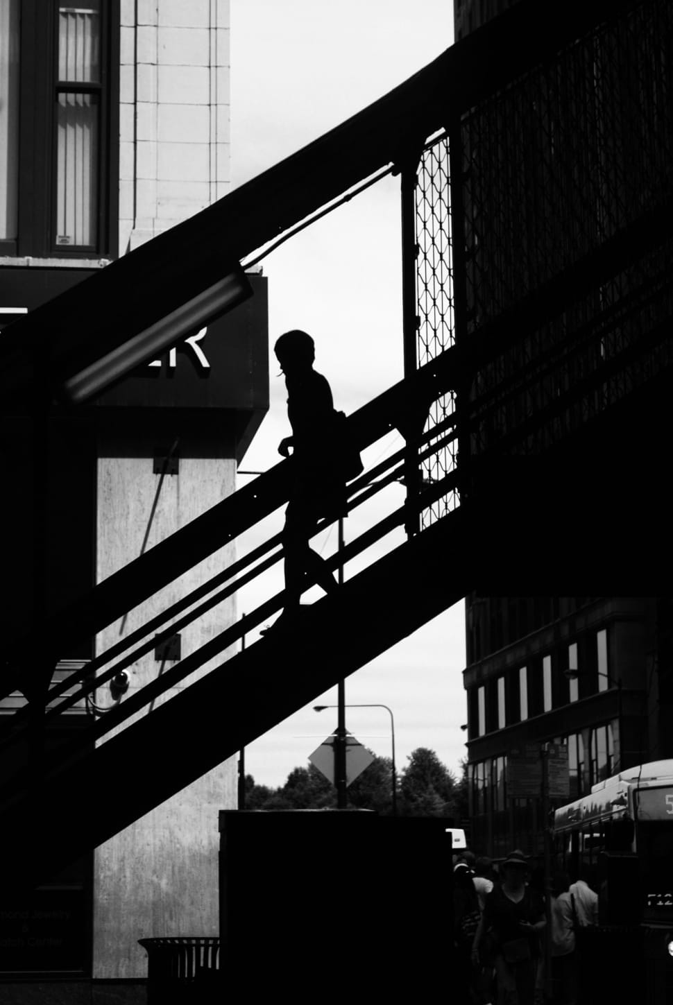 black and white picture of woman walking down the stairs preview