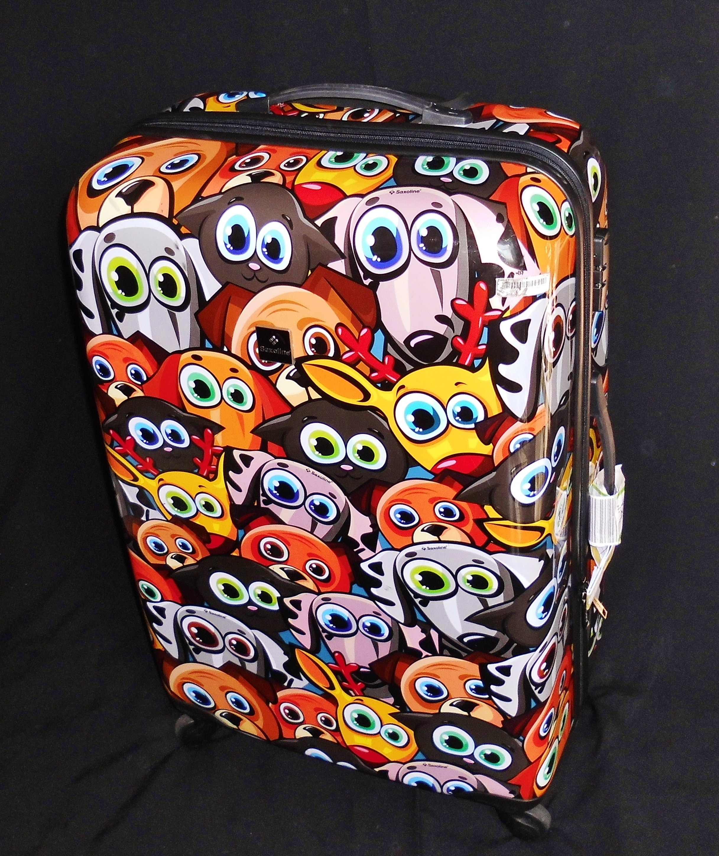 yellow, brown, pink, and orange dog print hard case luggage bag