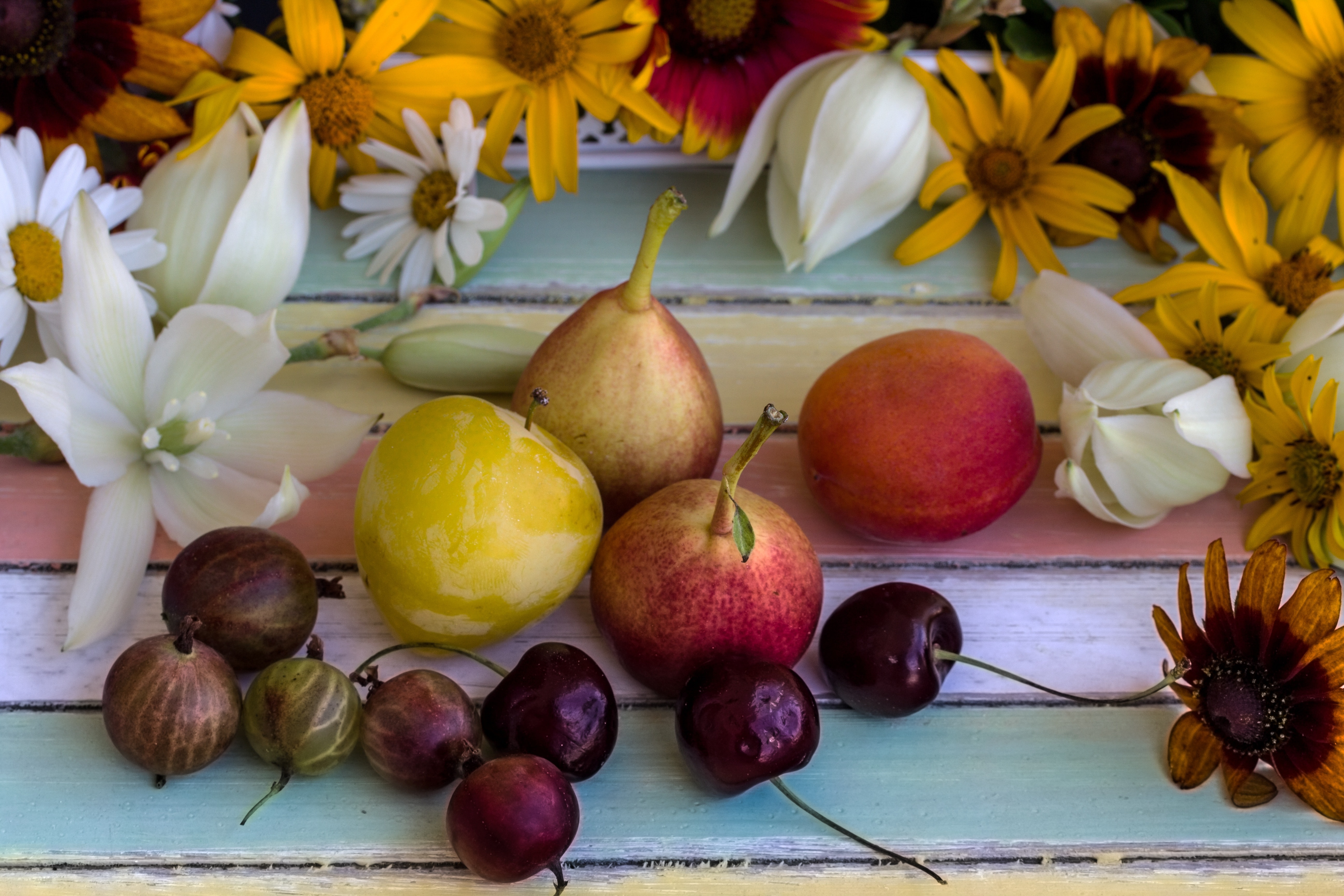 assorted flower and fruits