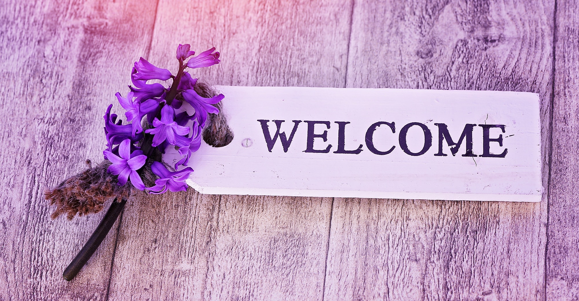welcome with purple flower signage