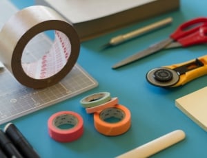 adhesive tapes, scissors, sticky notes and utility knife thumbnail