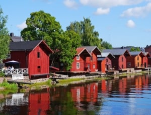 red houses near trees and river thumbnail
