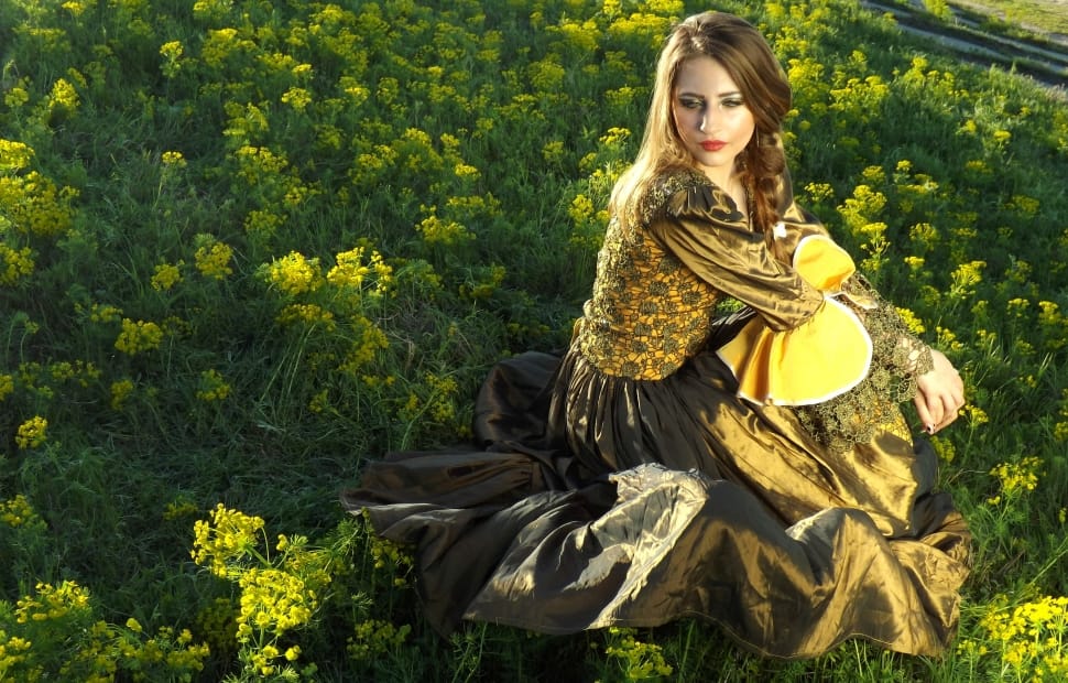 women's yellow green long dress outfit preview