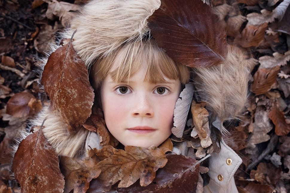 toddler's brown winter coat covered by brown leaf preview