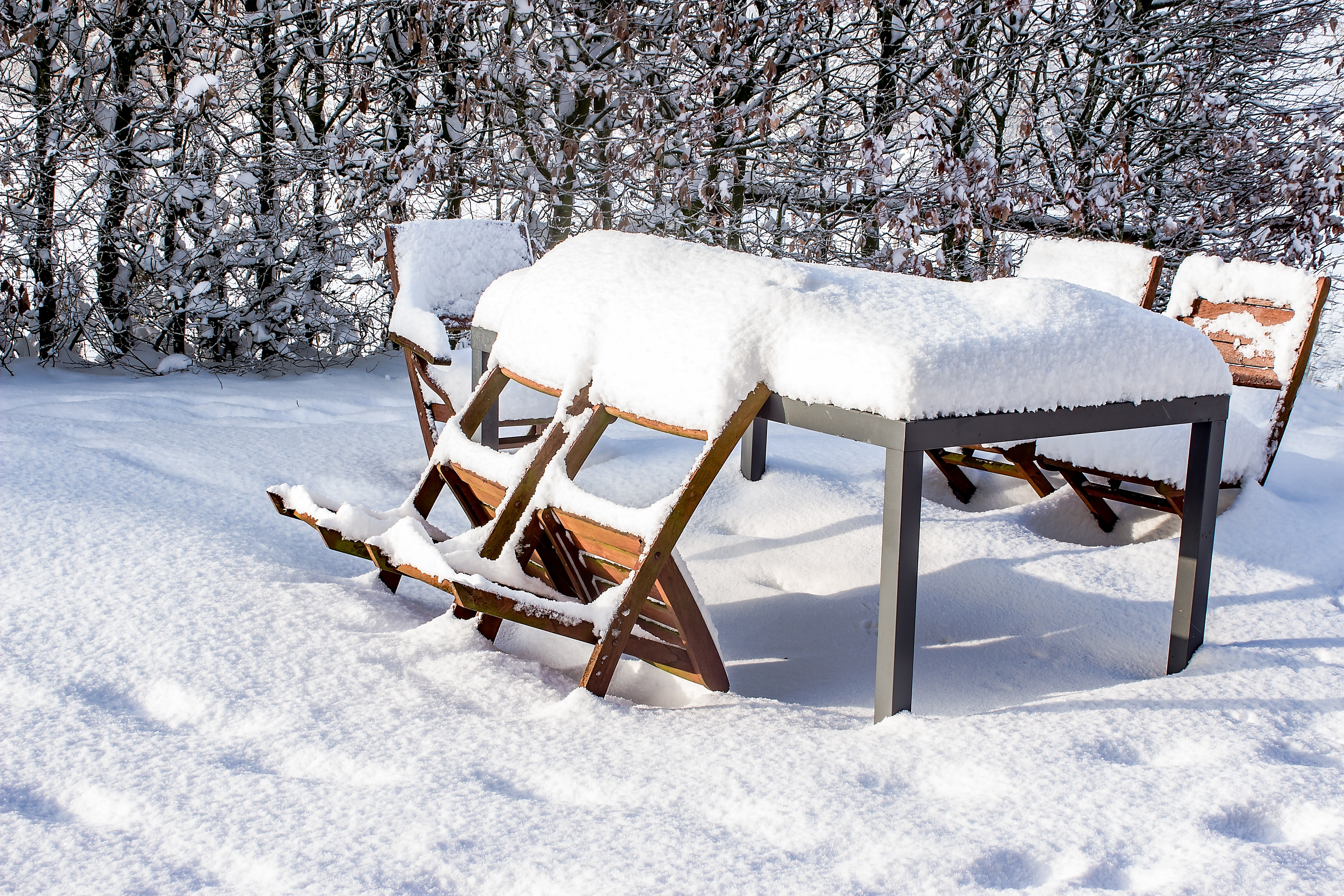 Chairs, Snow, Table, Wood Chairs, snow, winter