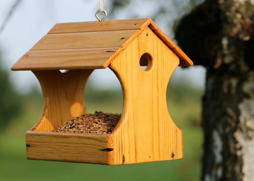 beige wooden bird house food container preview