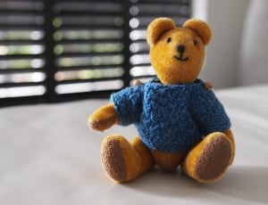 brown teddy bear with blue t shirt thumbnail