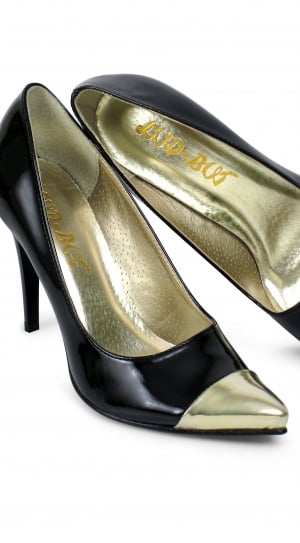 women's pair of  black and gold stilettos thumbnail