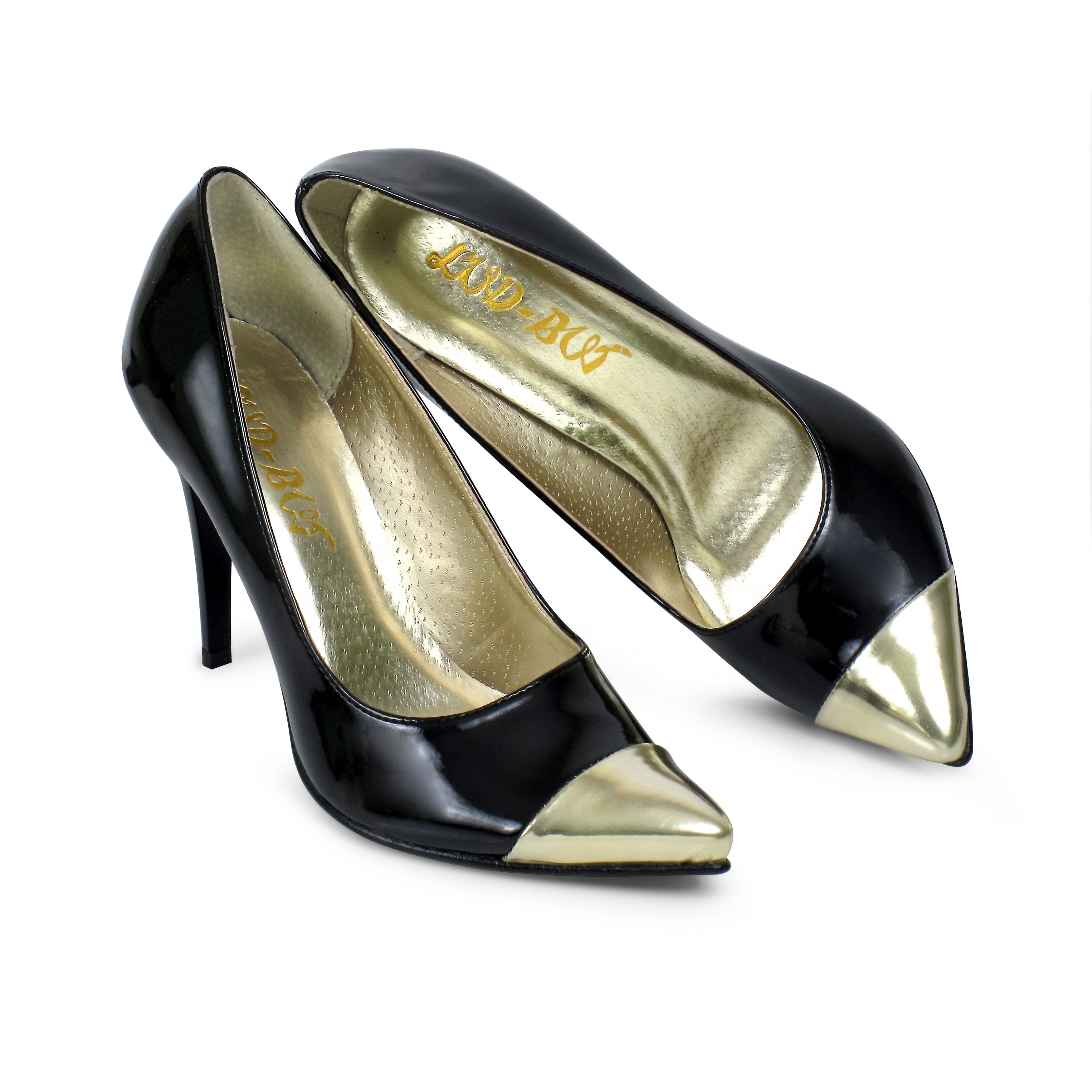 women's pair of  black and gold stilettos