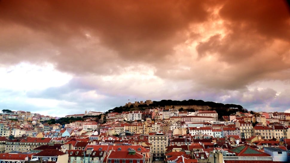 photo of townscape under red cloudy sky during dusk preview