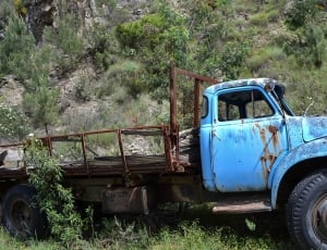 blue and brown single cab pickup truck thumbnail