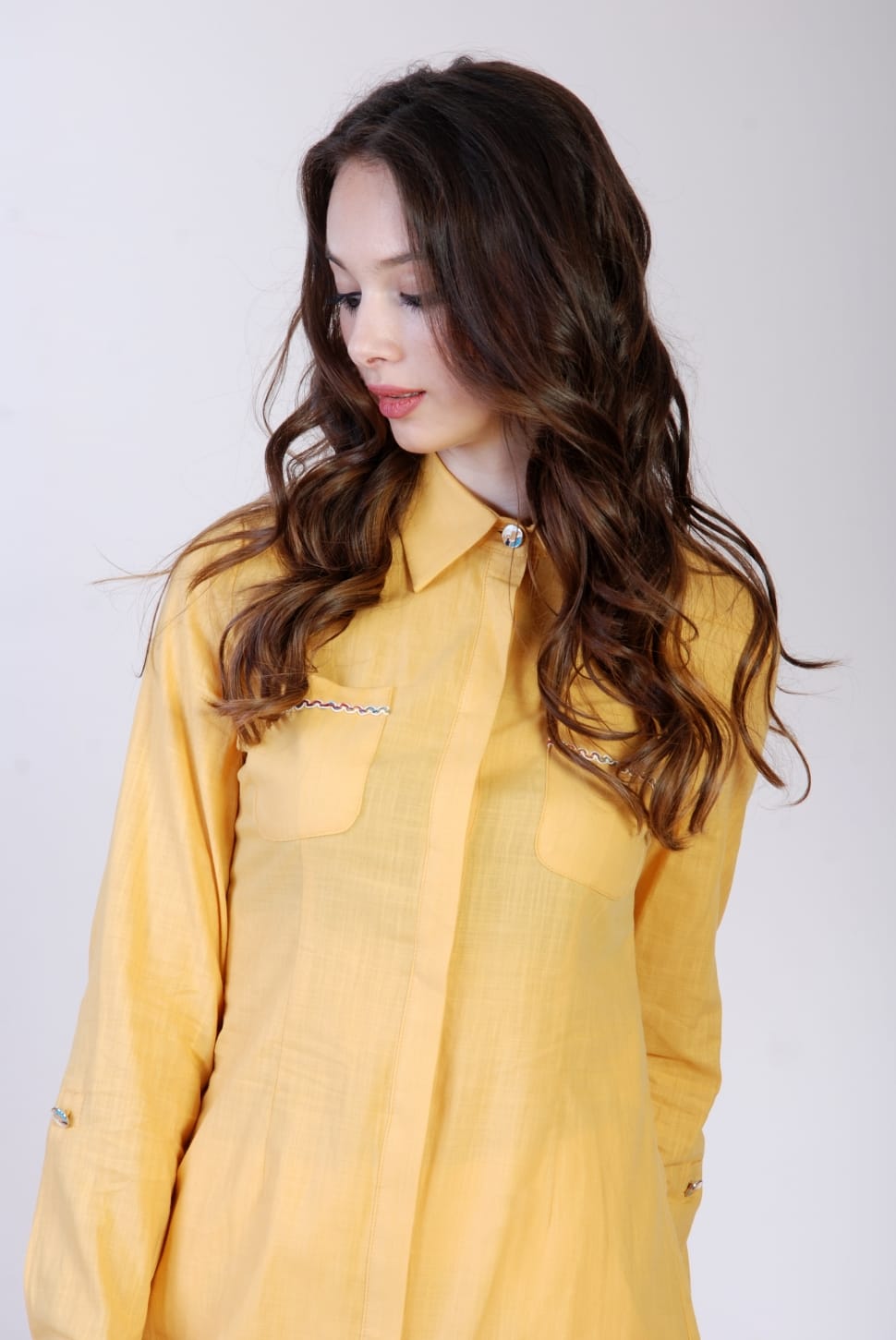 women's yellow collared long sleeve dress preview
