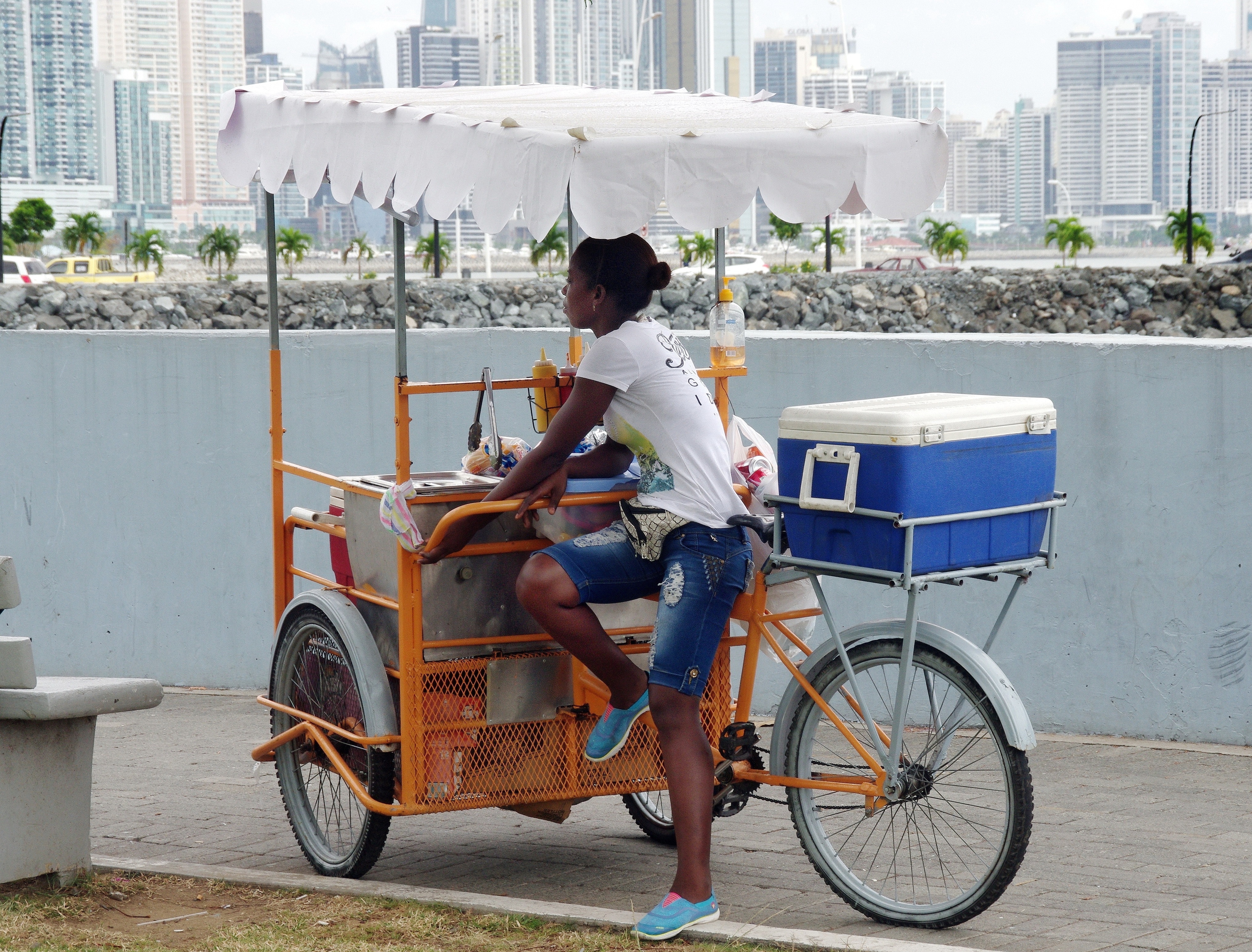 Ice, Tricycle, Panama, Saleswoman, city, full length