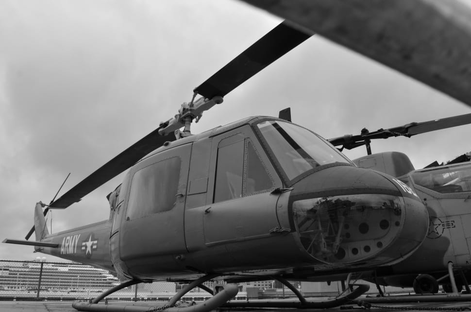 grayscale photo of helicopter preview