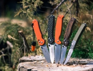 5 switch knives stabbed on brown wooden tree trunk thumbnail