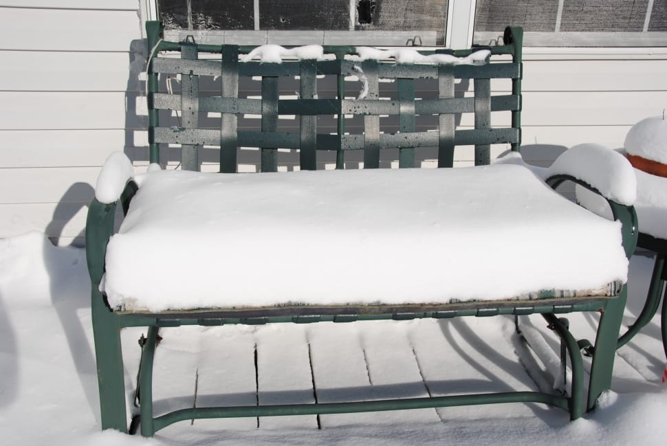 green metal woven base white padded bench with snow preview
