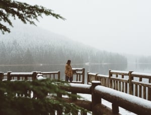 woman in yellow poncho standing near lake under foggy weather thumbnail