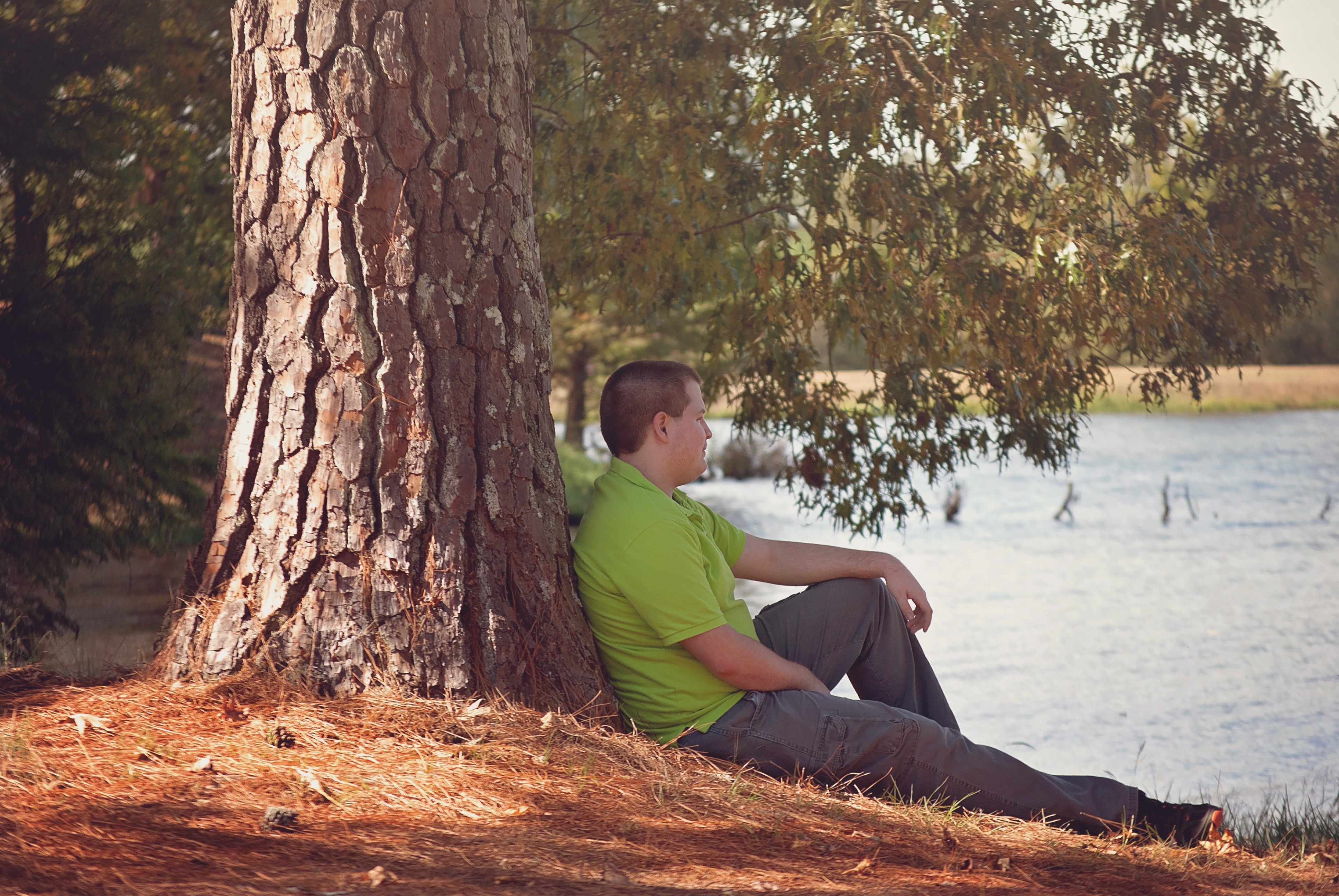 man in green collar shirt sitting on lining on tree watching body of water during daytime