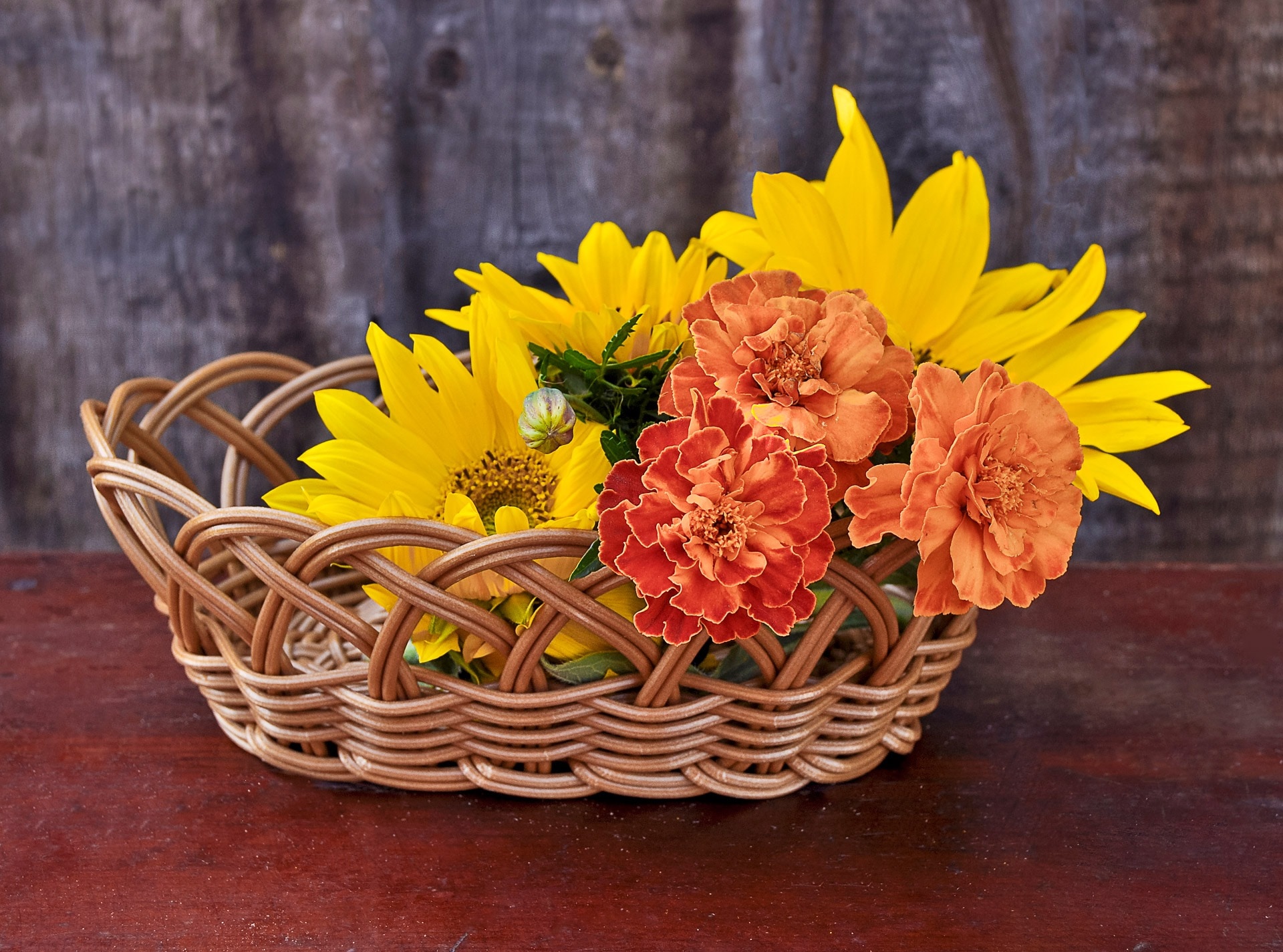 yellow and orange petaled flowers and brown woven oval basket