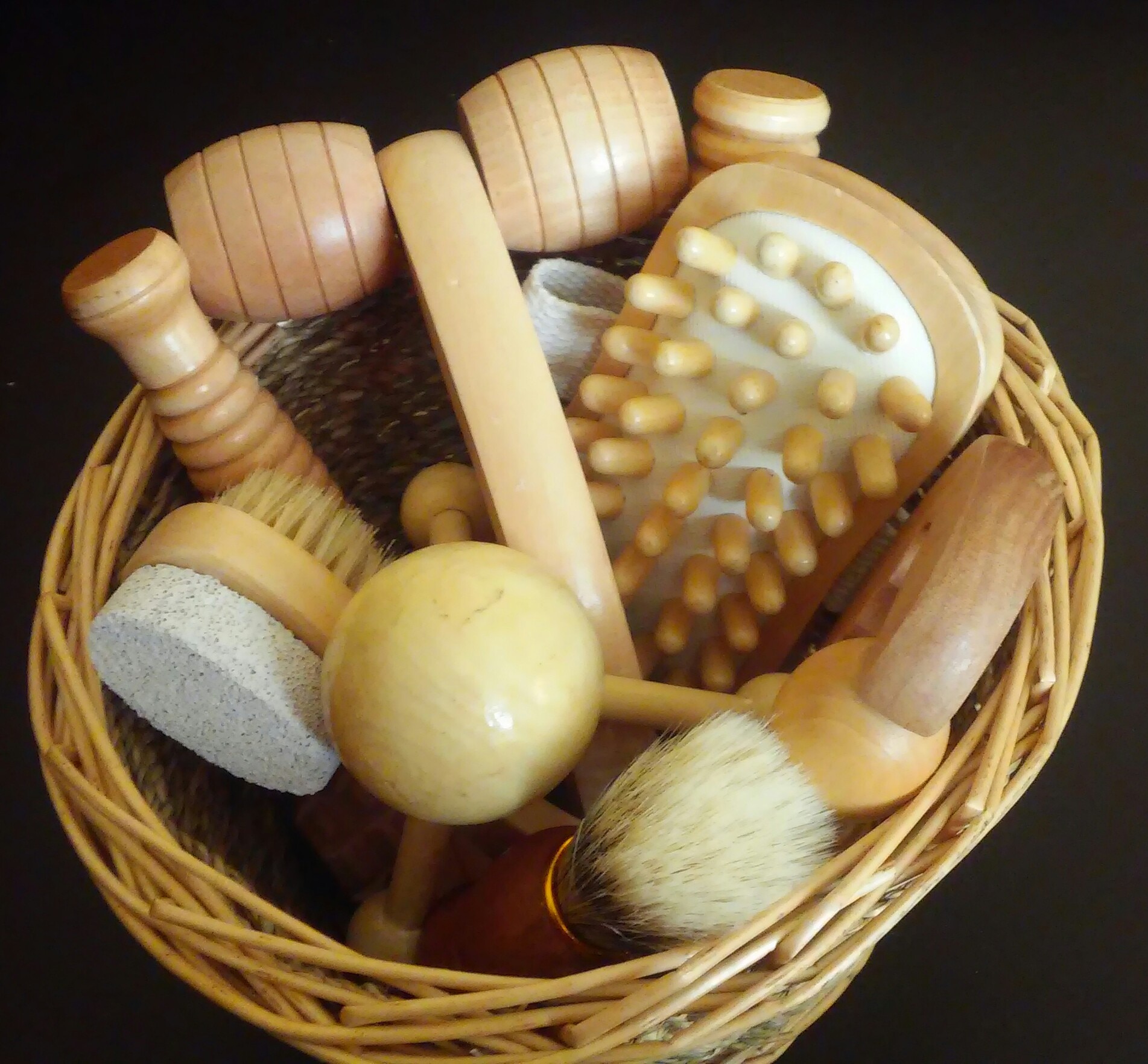 wooden massage tool on basket