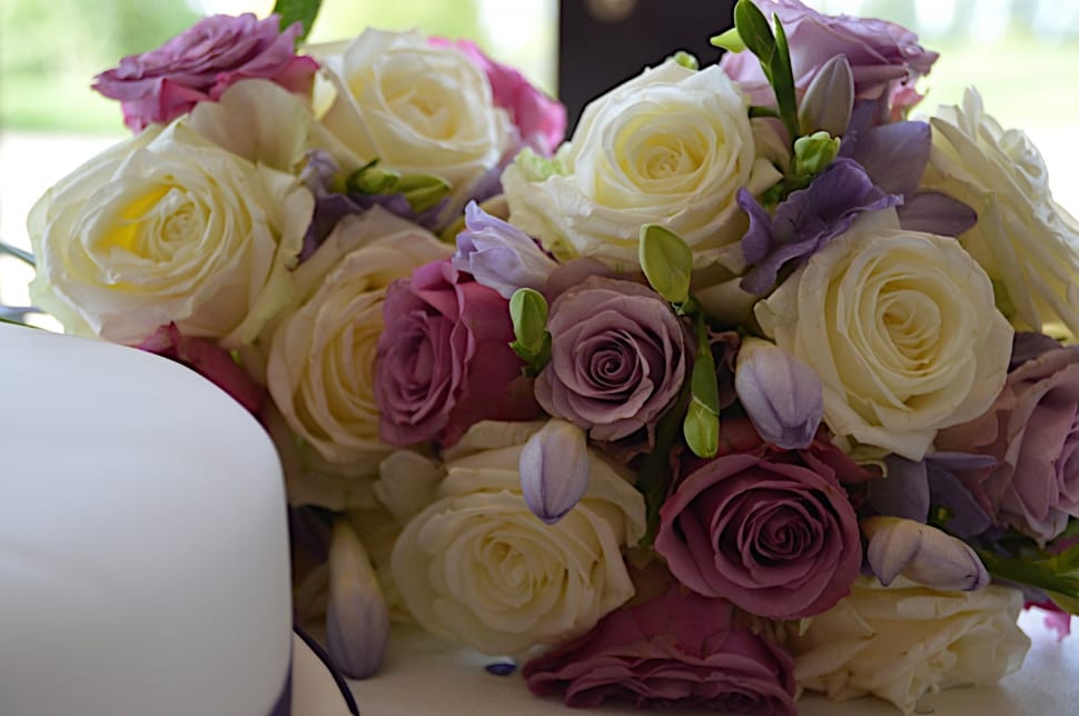 beige purple and pink bouquet of roses preview