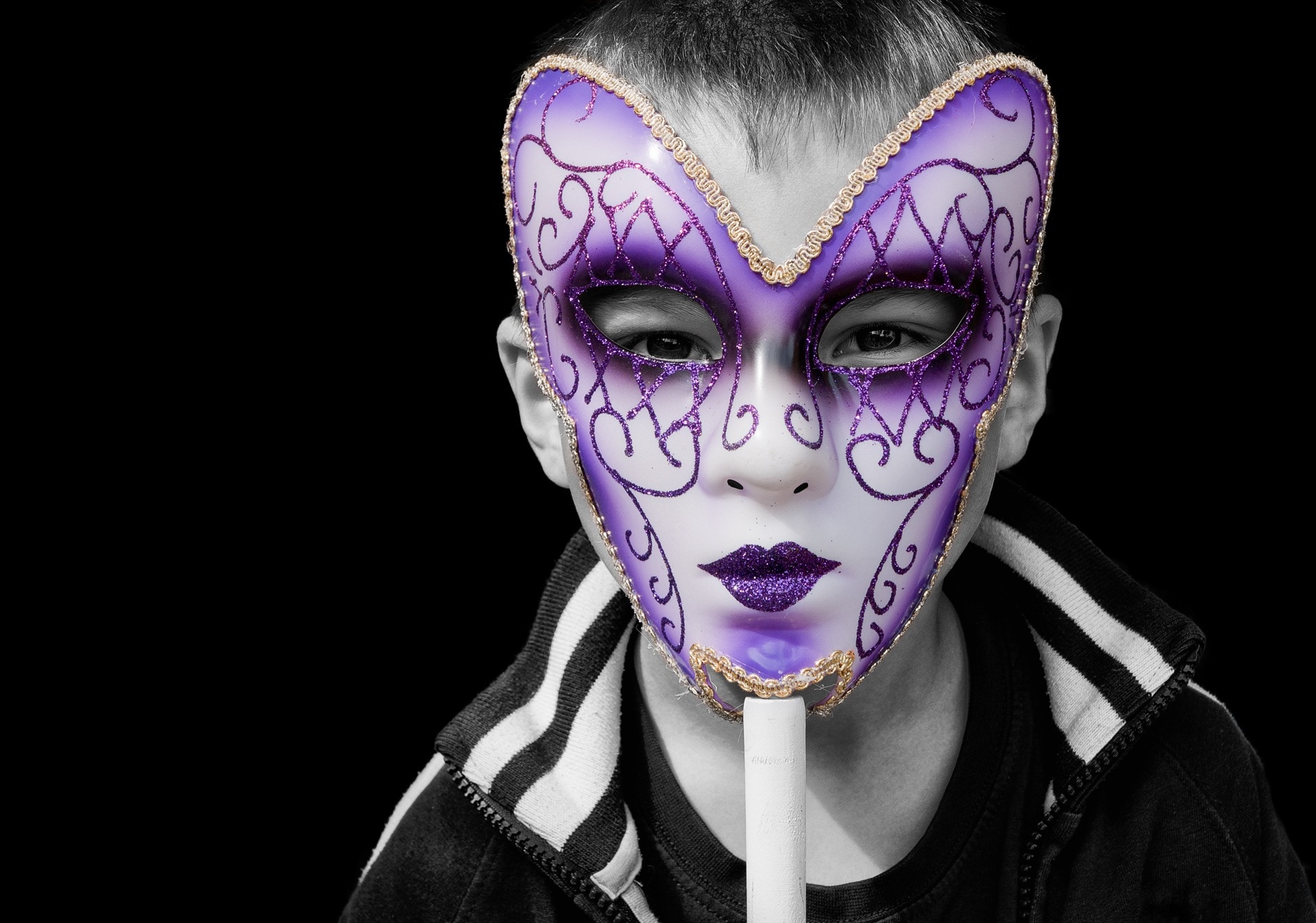 white and purple opera mask